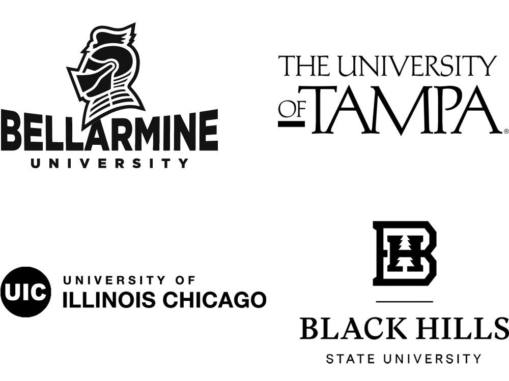 Logos for Bellarmine University, The University of Tampa Bay, University of Illinois Chicago, and Black Hills State University